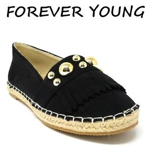 Women Espadrille Beaded Flats, E-2609, Black